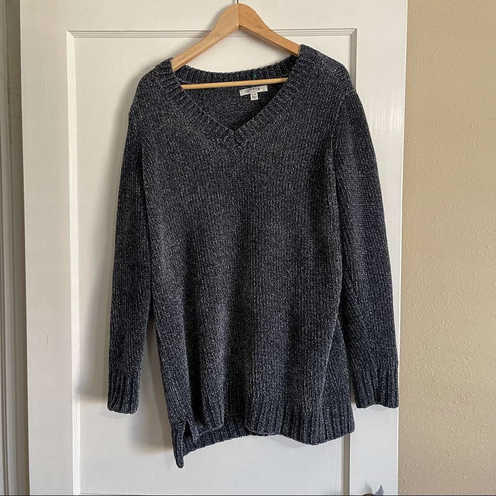 Orvis Sweater Chunky Knit Marled Navy Blue Grey Ultra Plush Chenille Pullover